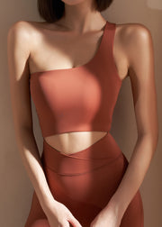 Modern Brick Red One Shoulder Asymmetrical Modal Cotton Yoga Tops