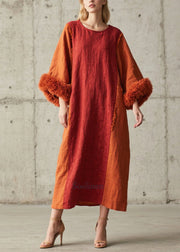 Modern Brick Red Oversized Patchwork Faux Fur Maxi Dress Fall
