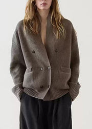 Modern Brown Notched Patchwork Knit Cardigans Fall