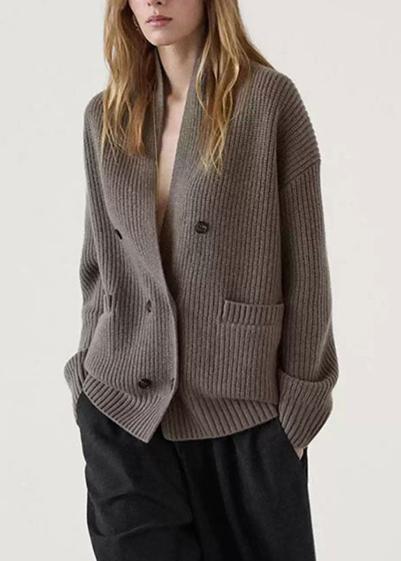 Modern Brown Notched Patchwork Knit Cardigans Fall