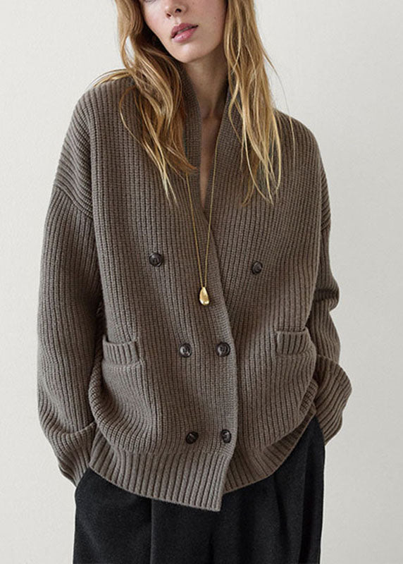 Modern Brown Notched Patchwork Knit Cardigans Fall
