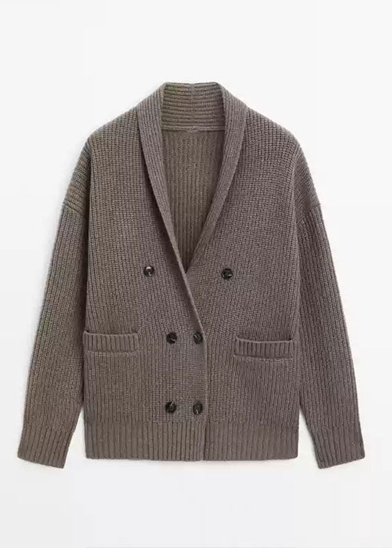 Modern Brown Notched Patchwork Knit Cardigans Fall