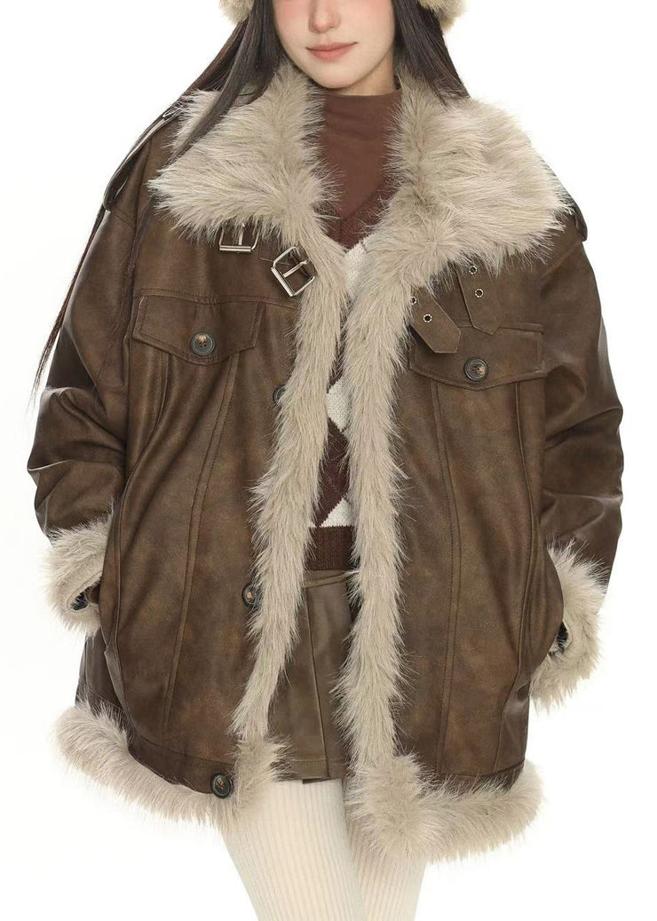 Modern Brown Oversized Patchwork Faux Leather Jackets Winter