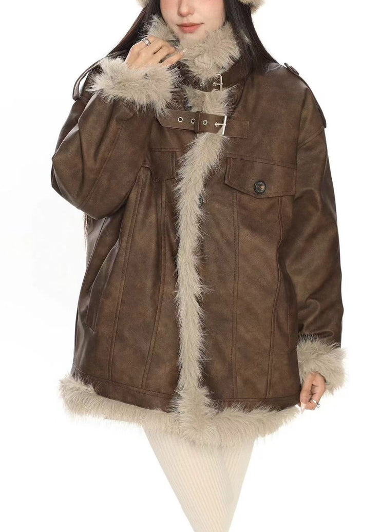Modern Brown Oversized Patchwork Faux Leather Jackets Winter
