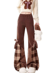 Modern Brown Patchwork Bow Cotton Flared Trousers Fall