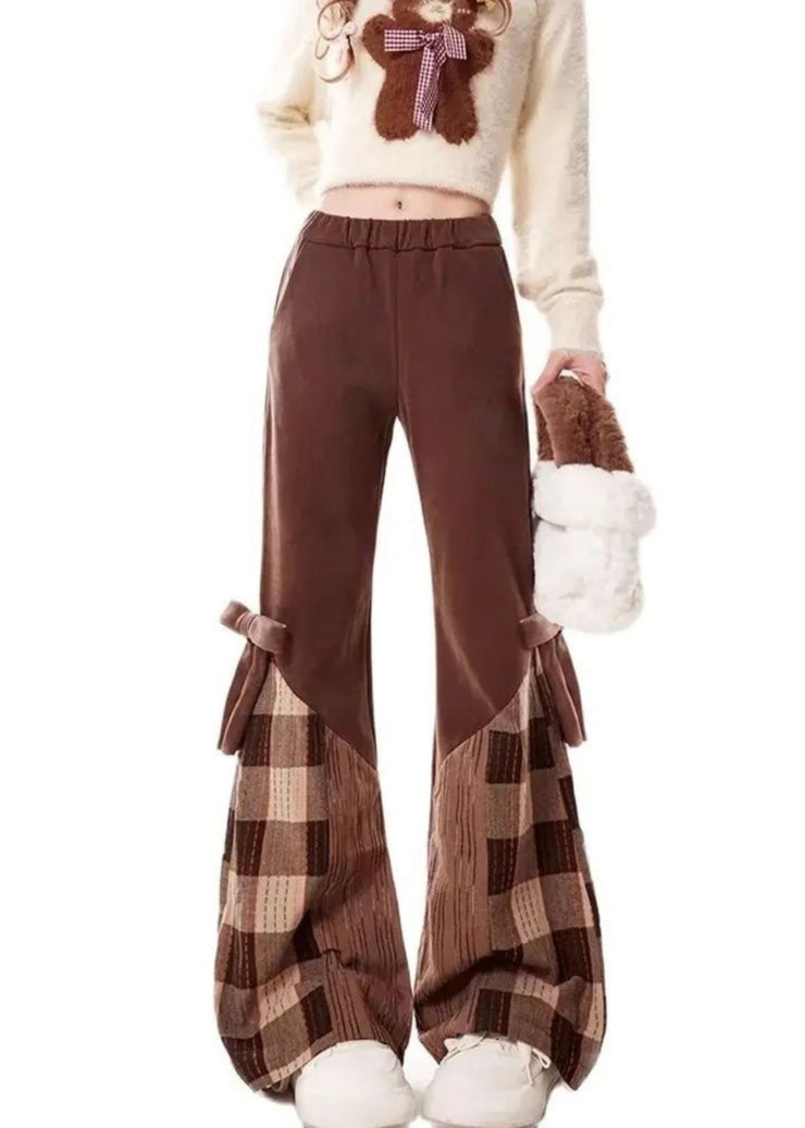 Modern Brown Patchwork Bow Cotton Flared Trousers Fall