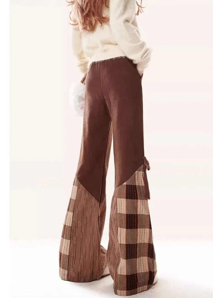 Modern Brown Patchwork Bow Cotton Flared Trousers Fall
