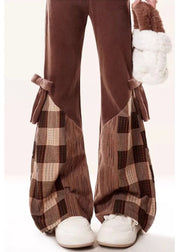 Modern Brown Patchwork Bow Cotton Flared Trousers Fall