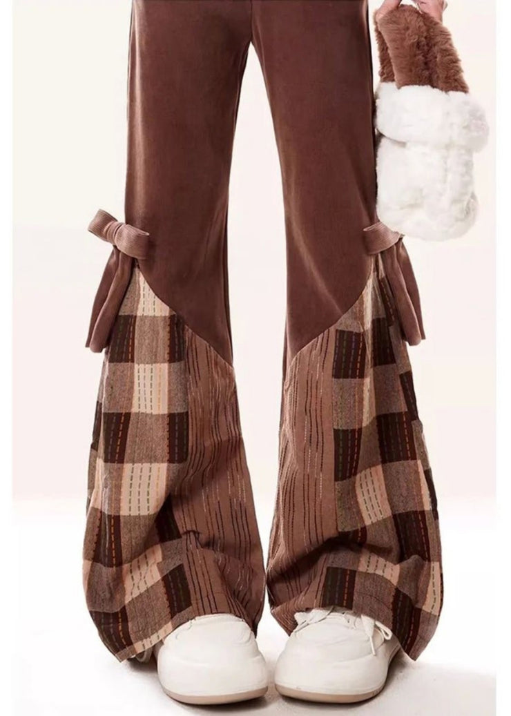 Modern Brown Patchwork Bow Cotton Flared Trousers Fall
