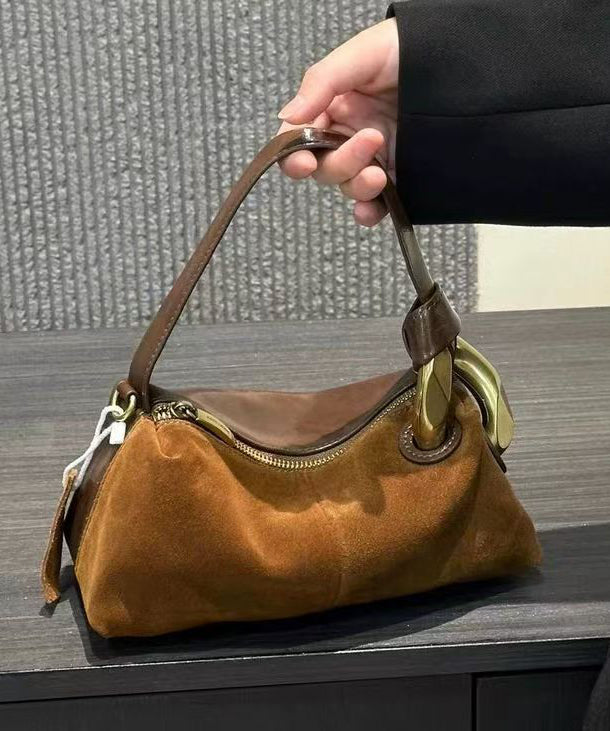 Modern Brown Patchwork Durable Suede Tote Handbag