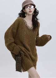 Modern Brown Sequins Rhinestone Knit Two Piece Set Outfits Winter