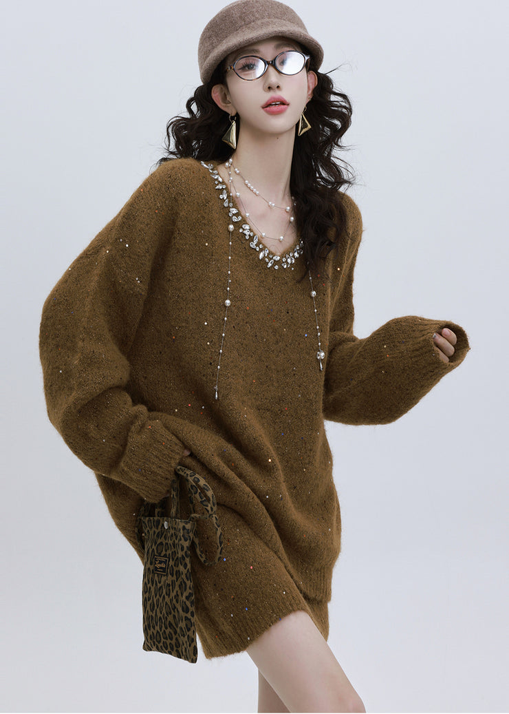 Modern Brown Sequins Rhinestone Knit Two Piece Set Outfits Winter