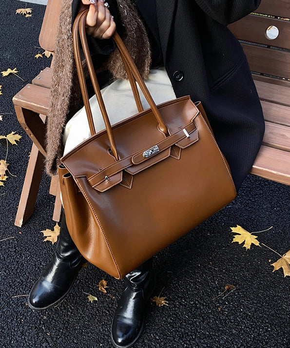 Modern Brown Solid Durable Faux Leather Tote Handbag