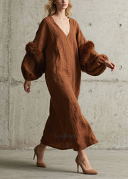 Modern Brown V Neck Patchwork Faux Fur Vacation Dresses Lantern Sleeve