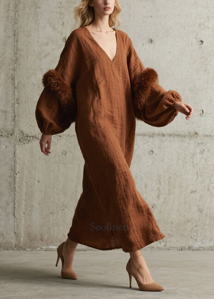 Modern Brown V Neck Patchwork Faux Fur Vacation Dresses Lantern Sleeve