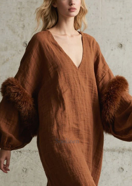 Modern Brown V Neck Patchwork Faux Fur Vacation Dresses Lantern Sleeve