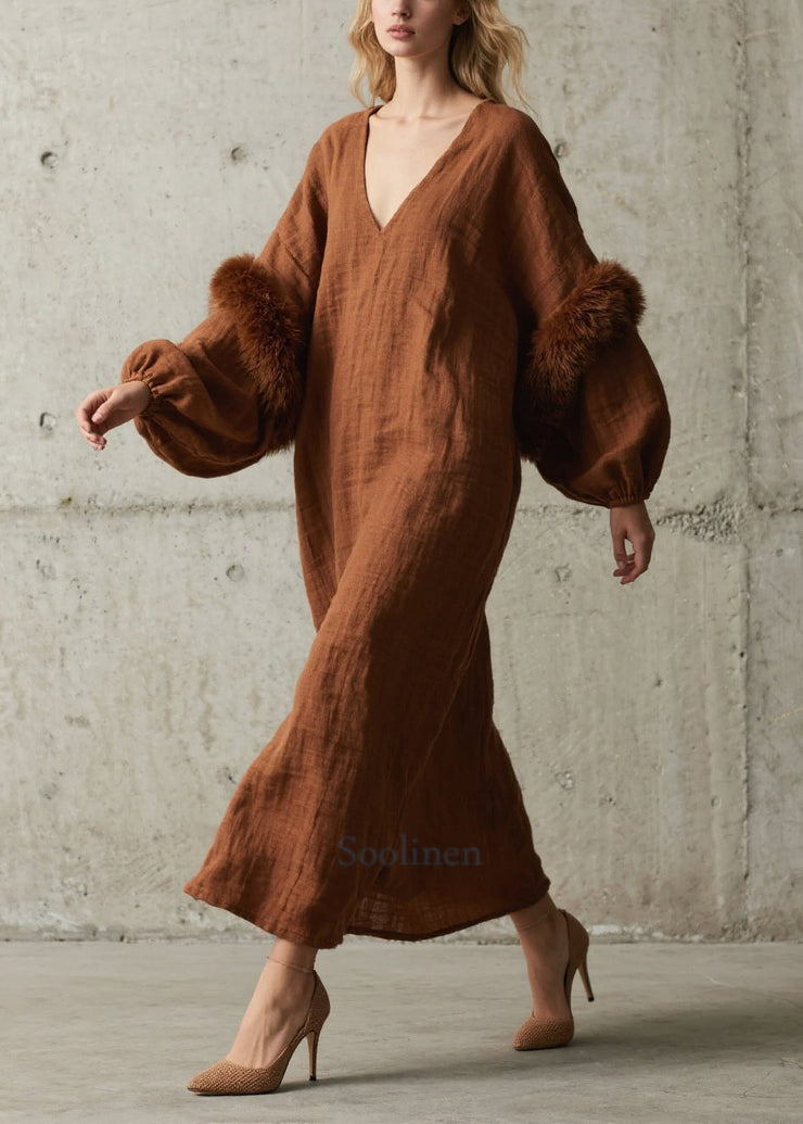 Modern Brown V Neck Patchwork Faux Fur Vacation Dresses Lantern Sleeve