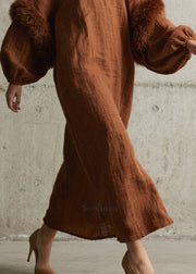 Modern Brown V Neck Patchwork Faux Fur Vacation Dresses Lantern Sleeve
