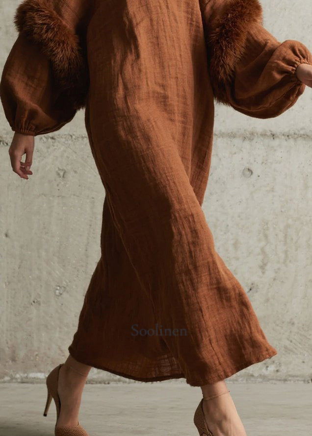 Modern Brown V Neck Patchwork Faux Fur Vacation Dresses Lantern Sleeve