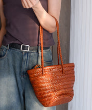 Modern Brown Weave Large Capacity Leather Side Pack Handbag