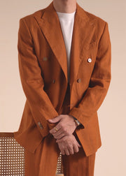 Modern Caramel Notched Double Breast Linen Men Coat Fall