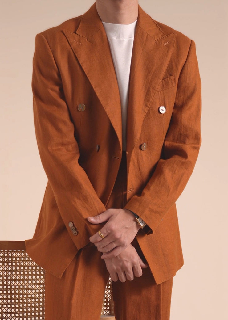 Modern Caramel Notched Double Breast Linen Men Coat Fall