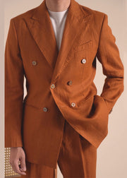 Modern Caramel Notched Double Breast Linen Men Coat Fall