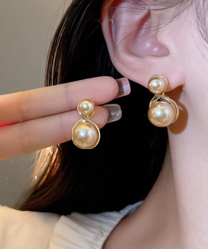 Modern Champagne Copper Overgild Pearl Stud Earrings