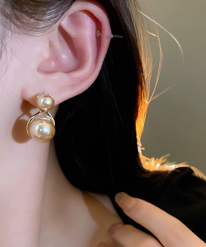 Modern Champagne Copper Overgild Pearl Stud Earrings