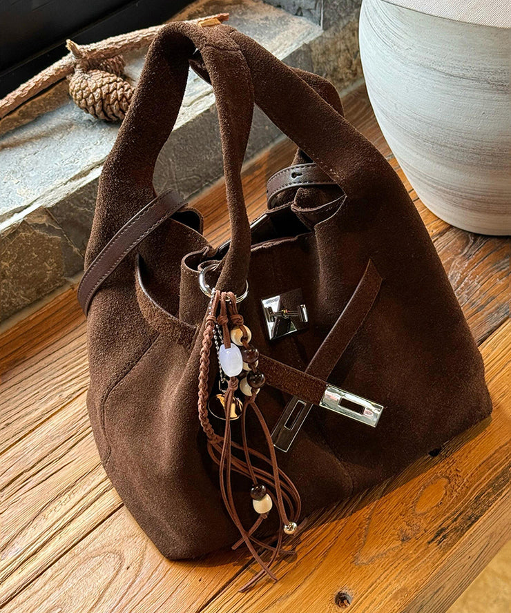 Modern Chocolate Durable Calf Leather Bucket Bag