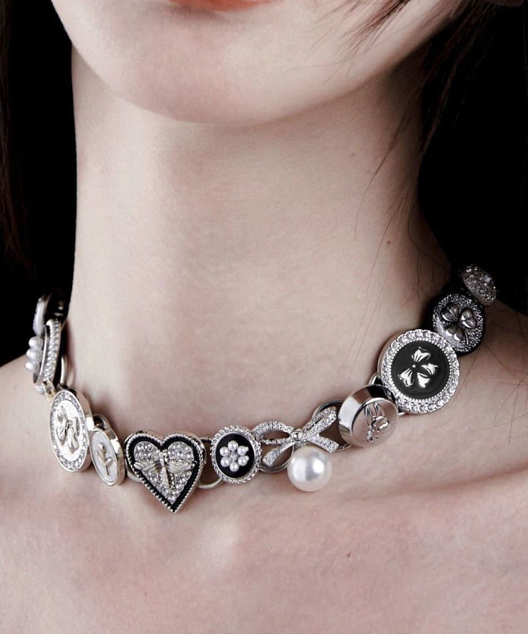 Modern Colorblock Metal Zircon Love Button Collar Necklace