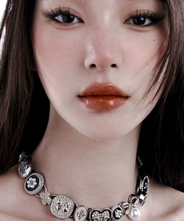Modern Colorblock Metal Zircon Love Button Collar Necklace