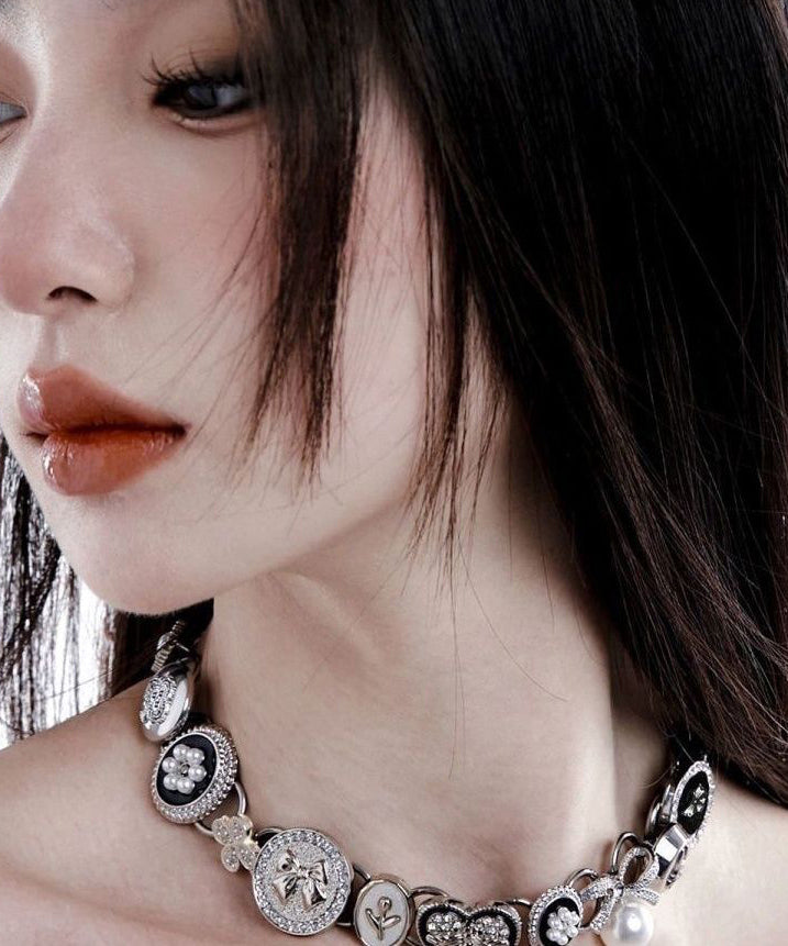 Modern Colorblock Metal Zircon Love Button Collar Necklace