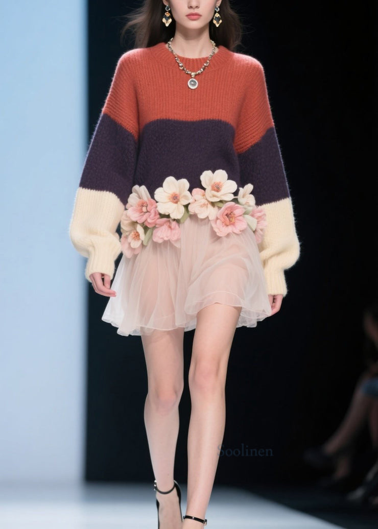 Modern Colorblock O Neck Tulle Floral Knit Dress Fall