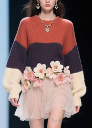 Modern Colorblock O Neck Tulle Floral Knit Dress Fall