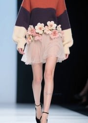 Modern Colorblock O Neck Tulle Floral Knit Dress Fall
