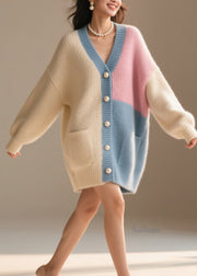 Modern Colorblock V Neck Pockets Patchwork Knit Loose Coat Fall