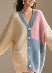 Modern Colorblock V Neck Pockets Patchwork Knit Loose Coat Fall