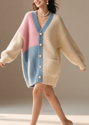 Modern Colorblock V Neck Pockets Patchwork Knit Loose Coat Fall