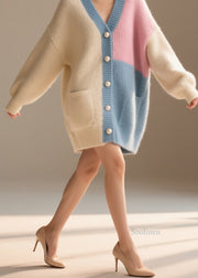 Modern Colorblock V Neck Pockets Patchwork Knit Loose Coat Fall