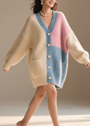 Modern Colorblock V Neck Pockets Patchwork Knit Loose Coat Fall