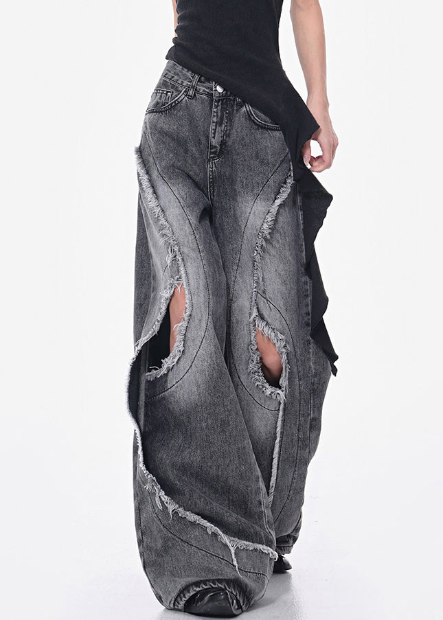 Modern Dark Gray Hole Pockets High Waist Denim Pants Fall