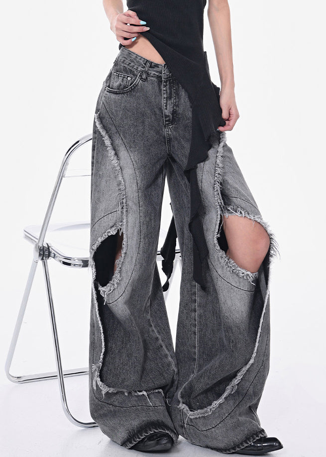 Modern Dark Gray Hole Pockets High Waist Denim Pants Fall