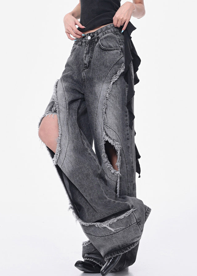 Modern Dark Gray Hole Pockets High Waist Denim Pants Fall