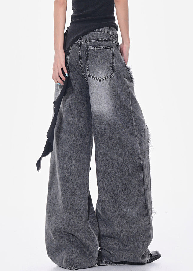Modern Dark Gray Hole Pockets High Waist Denim Pants Fall