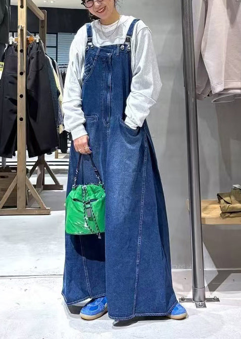 Modern Denim Blue Oversized Pockets Cami Dress Summer