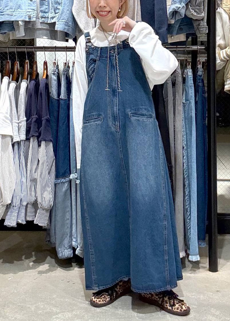 Modern Denim Blue Oversized Pockets Cami Dress Summer