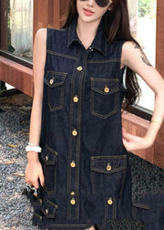 Modern Denim Blue Peter Pan Collar Patchwork Pockets Mid Dress Sleeveless