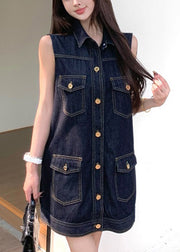 Modern Denim Blue Peter Pan Collar Patchwork Pockets Mid Dress Sleeveless
