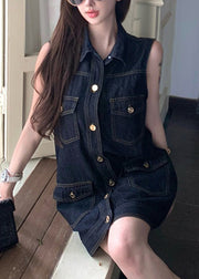Modern Denim Blue Peter Pan Collar Patchwork Pockets Mid Dress Sleeveless